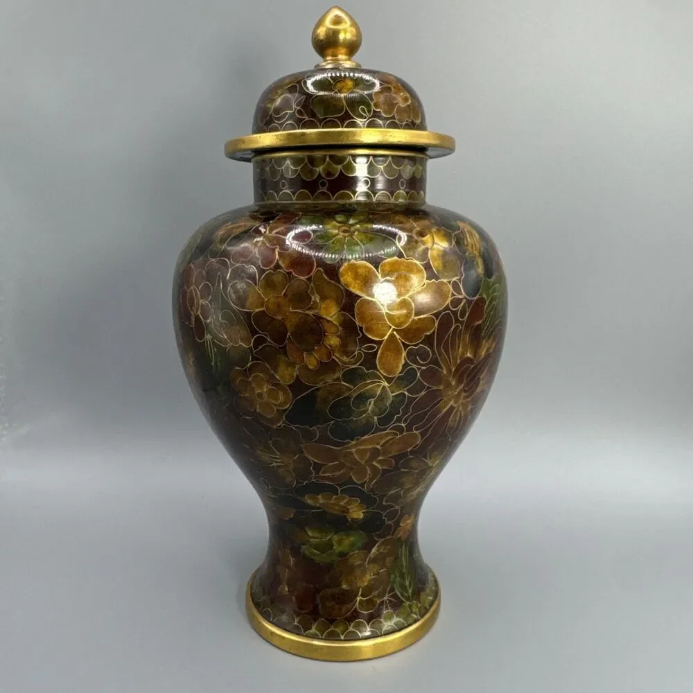 Elegant 8.5” VNT Chinese Thousand Flower Millefleur Cloisonne Brass Ginger Jar
